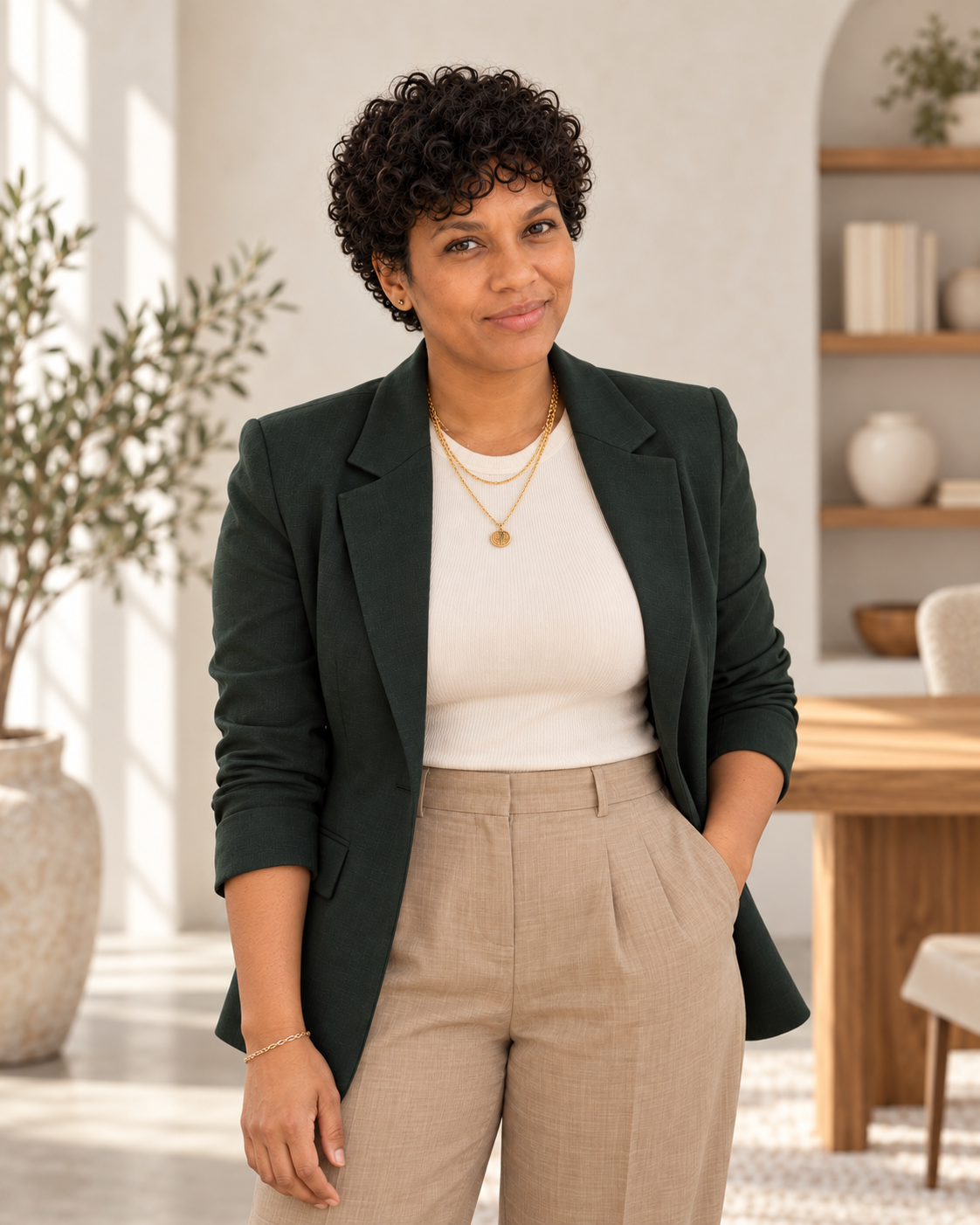 Bianca Van Nelson standing in a green blazer and looking toward the visitor